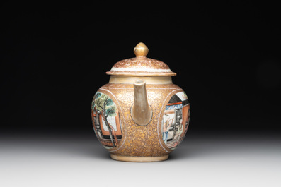 A fine Chinese Canton famille rose teapot with figures in a garden, Yongzheng