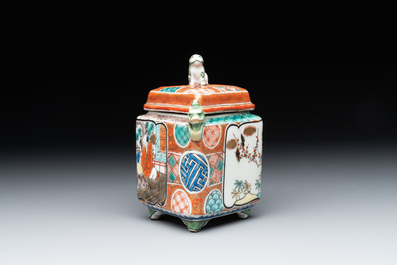 A small Kutani porcelain incense burner, two wooden sculptures, and a shagreen glasses case, Japan, Meiji, 19/20th C.