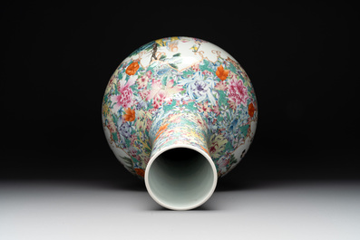 A fine Chinese famille rose 'millefleurs' bottle vase with immortals, Kangxi mark, Republic