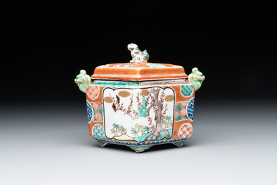 A small Kutani porcelain incense burner, two wooden sculptures, and a shagreen glasses case, Japan, Meiji, 19/20th C.