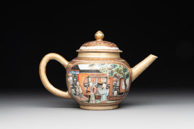 A fine Chinese Canton famille rose teapot with figures in a garden, Yongzheng