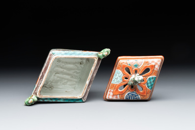 A small Kutani porcelain incense burner, two wooden sculptures, and a shagreen glasses case, Japan, Meiji, 19/20th C.
