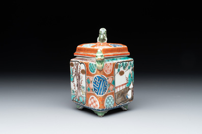 A small Kutani porcelain incense burner, two wooden sculptures, and a shagreen glasses case, Japan, Meiji, 19/20th C.