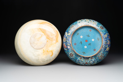 A Chinese cloisonn&eacute; 'crane and deer' dish, a ruyi and an alabaster dish, 20th C.