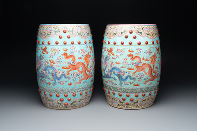A pair of Chinese famille rose turquoise-ground 'dragon' garden seats, Republic