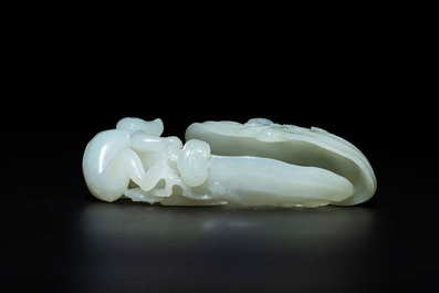 A Chinese white jade 'monkey and lingzhi' brush washer, 19/20th C.