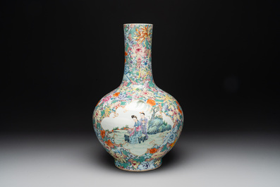 A fine Chinese famille rose 'millefleurs' bottle vase with immortals, Kangxi mark, Republic