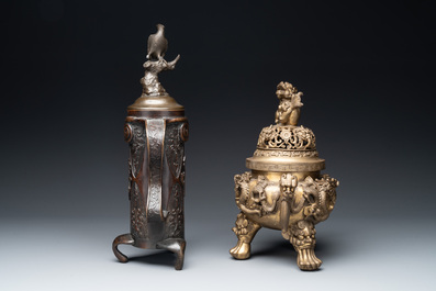 A Chinese bronze covered censer, a seal and a Japanese bronze covered censer, Xuande mark, 20th C.