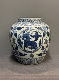 A large Chinese blue and white 'mythical creatures' jar, 'guan', Jiajing/Wanli