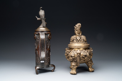 A Chinese bronze covered censer, a seal and a Japanese bronze covered censer, Xuande mark, 20th C.