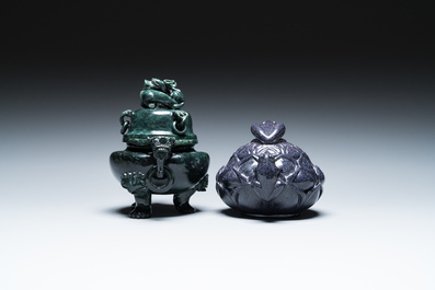 A Chinese emerald green jadeite 'birds' group, a goldstone Buddha, a carnelian group and two censers, 19/20th C.