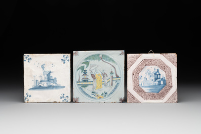 Six blue, white and polychrome Delftware tiles, The Netherlands/Germany, 17/18th C.