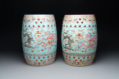 A pair of Chinese famille rose turquoise-ground 'dragon' garden seats, Republic
