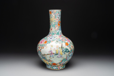 A fine Chinese famille rose 'millefleurs' bottle vase with immortals, Kangxi mark, Republic