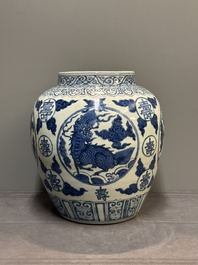 A large Chinese blue and white 'mythical creatures' jar, 'guan', Jiajing/Wanli