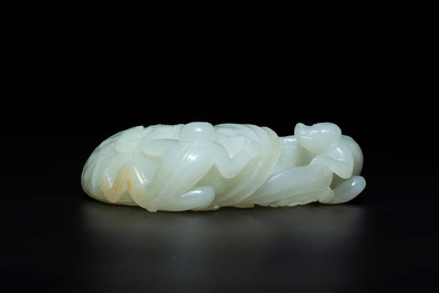 A Chinese white jade 'monkey and lingzhi' brush washer, 19/20th C.