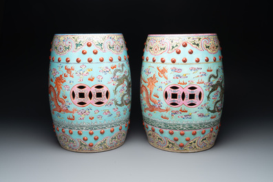 A pair of Chinese famille rose turquoise-ground 'dragon' garden seats, Republic
