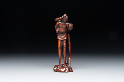 A small Kutani porcelain incense burner, two wooden sculptures, and a shagreen glasses case, Japan, Meiji, 19/20th C.