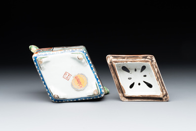 A small Kutani porcelain incense burner, two wooden sculptures, and a shagreen glasses case, Japan, Meiji, 19/20th C.