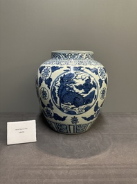 A large Chinese blue and white 'mythical creatures' jar, 'guan', Jiajing/Wanli