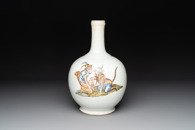 An unusual polychrome bottle vase with a monkey and a dog, Italy or Central Europe, 18th C.