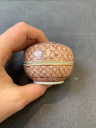 A rare Chinese grisaille and iron-red &lsquo;pocketwatch&rsquo; box and cover, Jiaqing