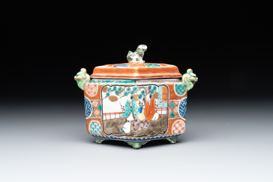 A small Kutani porcelain incense burner, two wooden sculptures, and a shagreen glasses case, Japan, Meiji, 19/20th C.