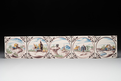 Ten polychrome Dutch Delft 'landscape' medallion tiles, 19th C.