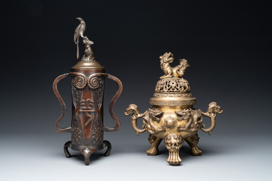 A Chinese bronze covered censer, a seal and a Japanese bronze covered censer, Xuande mark, 20th C.