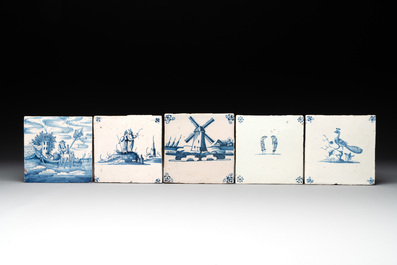 14 blue, white and manganese Dutch Delft tiles, 18th C.