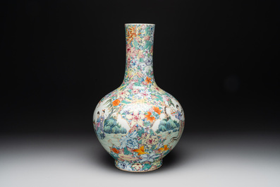A fine Chinese famille rose 'millefleurs' bottle vase with immortals, Kangxi mark, Republic