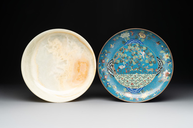A Chinese cloisonn&eacute; 'crane and deer' dish, a ruyi and an alabaster dish, 20th C.