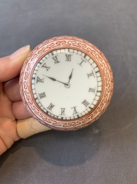 A rare Chinese grisaille and iron-red &lsquo;pocketwatch&rsquo; box and cover, Jiaqing