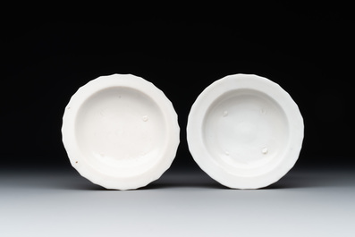Four Chinese white-glazed saucers and three bowls, Yuan/Ming