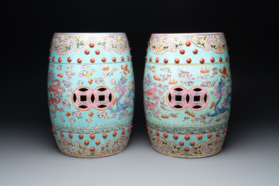 A pair of Chinese famille rose turquoise-ground 'dragon' garden seats, Republic