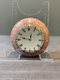 A rare Chinese grisaille and iron-red &lsquo;pocketwatch&rsquo; box and cover, Jiaqing