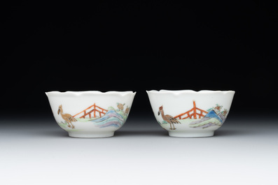 A pair of Chinese eggshell white-glazed cups and saucers, and two famille rose cups, 18th C.