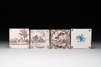 14 blue, white and manganese Dutch Delft tiles, 18th C.