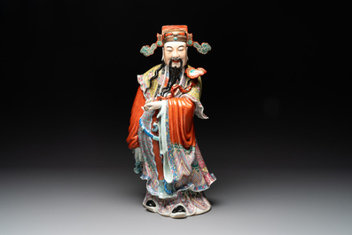 A large Chinese famille rose figure of the star god Lu, Wu Yongmao 吴永茂 seal mark, Republic