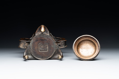 A Chinese bronze covered censer, a seal and a Japanese bronze covered censer, Xuande mark, 20th C.