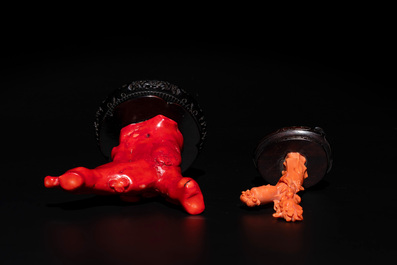 Two Chinese red coral sculptures of a chilong and a lady on wooden stand, 19/20th C.
