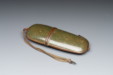 A small Kutani porcelain incense burner, two wooden sculptures, and a shagreen glasses case, Japan, Meiji, 19/20th C.