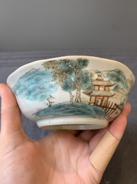 A pair of Chinese famille rose 'landscape' bowls, Daoguang mark and of the period