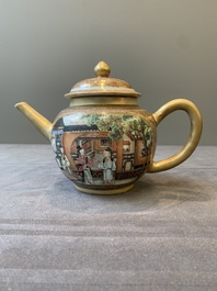 A fine Chinese Canton famille rose teapot with figures in a garden, Yongzheng
