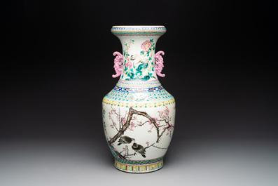 A Chinese famille rose 'magpies and plum blossoms' vase on wooden stand, 19th C.