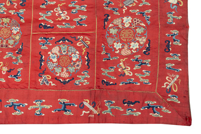 A Chinese red-ground embroidered silk 'bajixiang' panel, Tie Shan Si 鐵山寺 mark, 19th C.