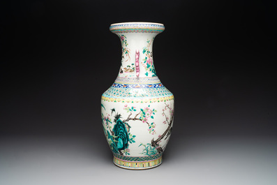A Chinese famille rose 'magpies and plum blossoms' vase on wooden stand, 19th C.