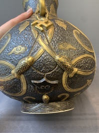 A Chinese famille rose faux-bronze 'landscape' 'hu' vase, dated 1949