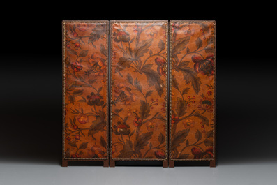 A gilt-painted leather three-fold room divider, 19th C.