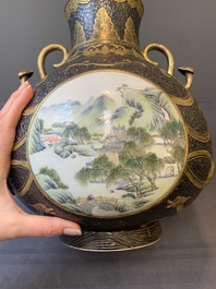 A Chinese famille rose faux-bronze 'landscape' 'hu' vase, dated 1949